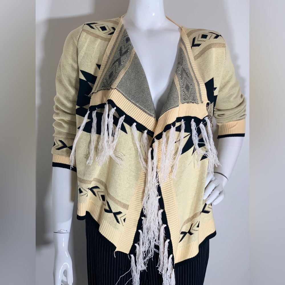 Aztec Bohemian Fringe Cardigan in Cream and Black